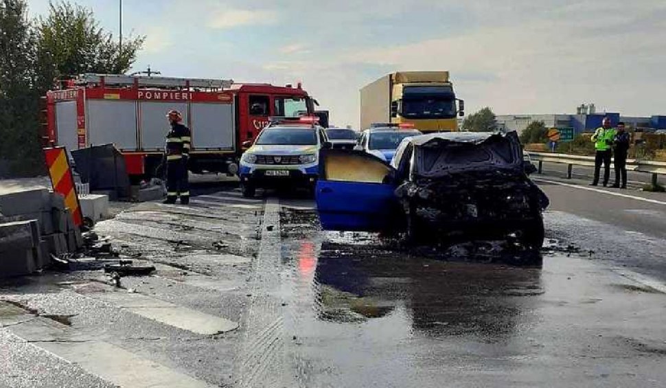 Accident grav între un autocar cu 30 de pasageri şi un autoturism pe Autostrada Pitești - București
