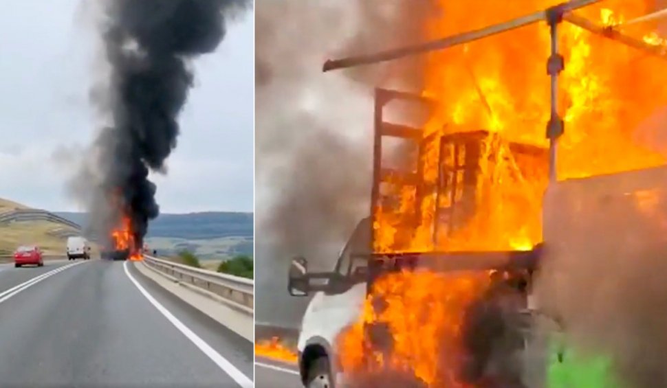 Un camion plin cu mobilă a ars ca o torță, pe autostradă, în Cluj