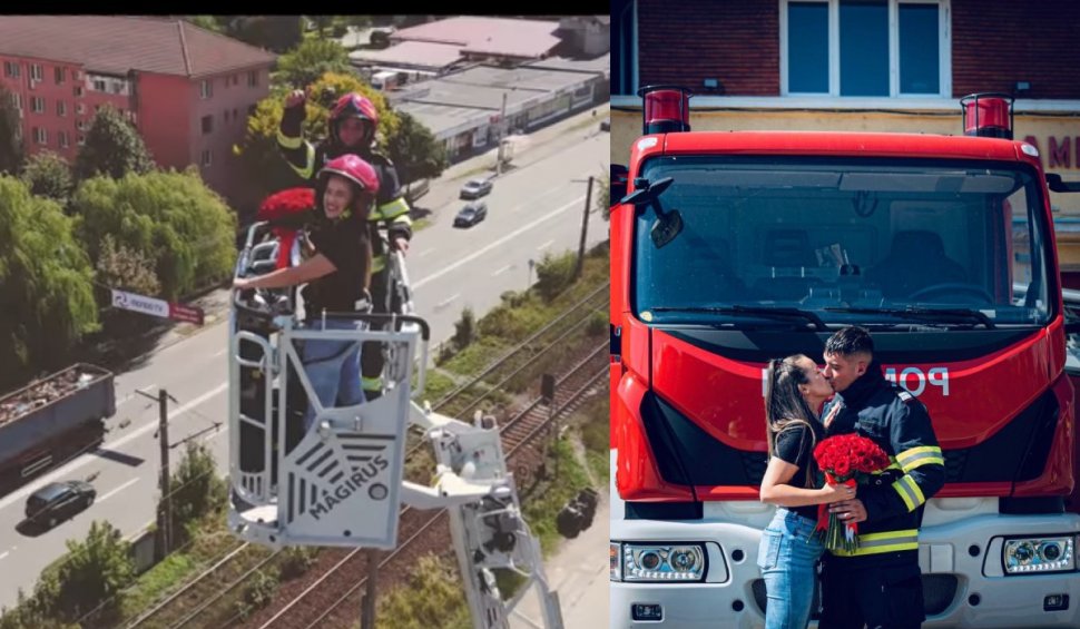 Un pompier din Petroșani şi-a cerut iubita de soţie într-o nacelă de intervenţie, la 35 de metri înălţime