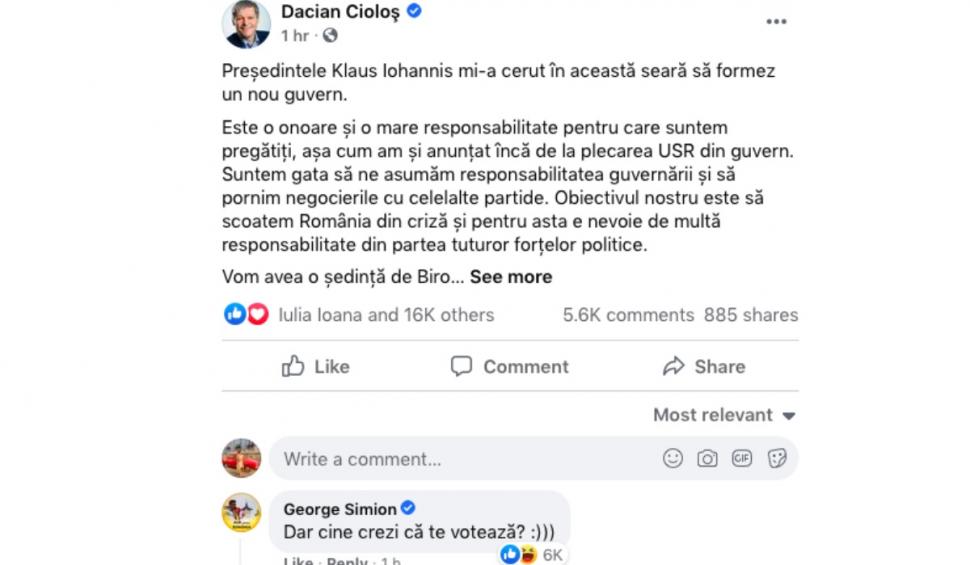 George Simion, schimb de replici cu Dacian Cioloș, pe Facebook: "Dar cine crezi că te votează?" 731029