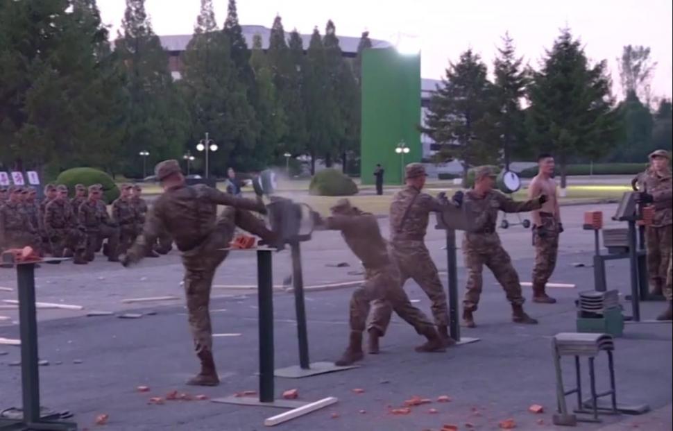 Soldații lui Kim Jong-Un rup lanțuri cu brațele, îndoaie oțel cu gâtul și sparg cărămizi cu pumnii, ca-n filmele cu arte marțiale. Liderul suprem aplaudă, în cele din urmă 731312