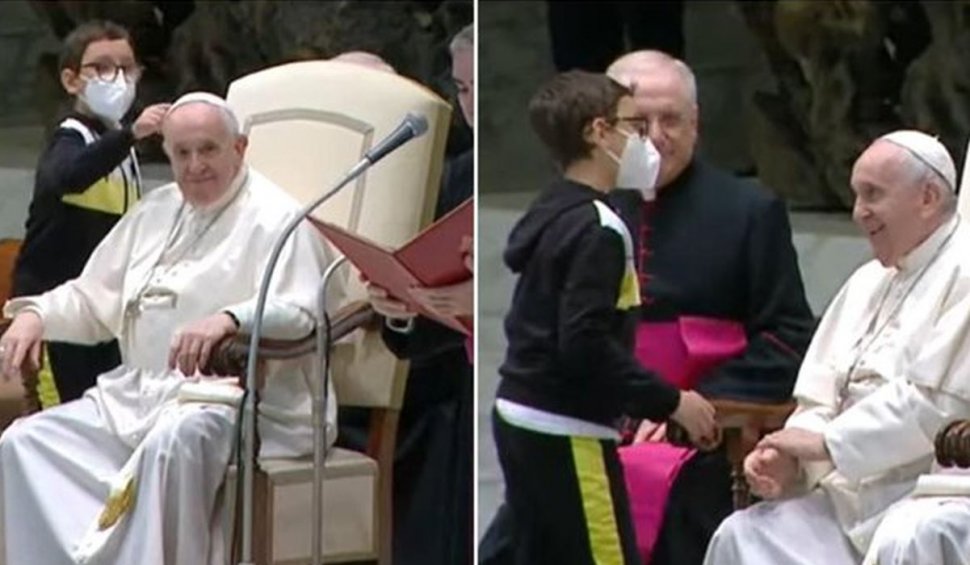 Acest copil cu dizabilități s-a așezat lângă Papa Francisc și a plecat cu boneta. Reacția suveranului pontif