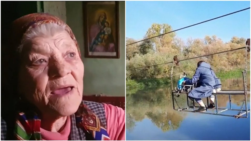 O bătrână de 94 de ani traversează râul Mureş cu tiroliana