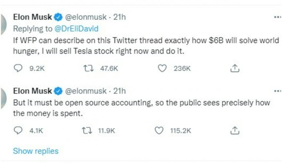 Elon Musk susține că își va vinde acțiunile Tesla dacă ONU va dovedi că acest lucru va rezolva problema foametei din lume 733846