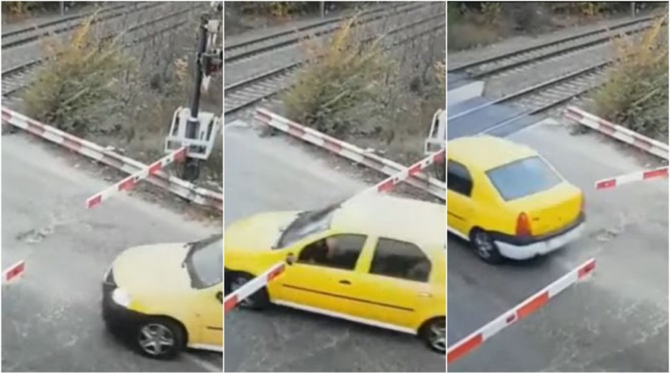 Momentul în care un şofer forţează bariera de trecere peste şina de tren, în Capitală