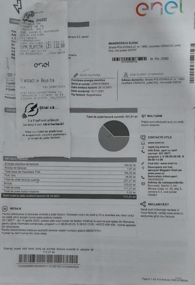 Factură la curent de peste 16.000 de euro pentru o femeie din Craiova. ”Am un TV, un frigider, un boiler şi 4 becuri”    736774