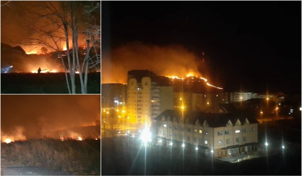 Incendiu de vegetație pe muntele Pietricica, Neamţ. Focul uriaș se apropie de zonele locuite