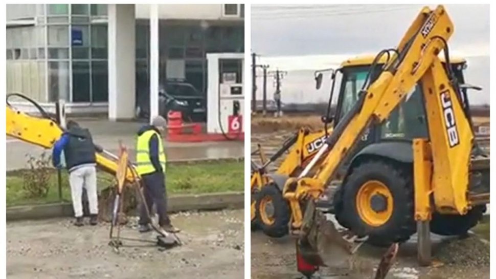 Muncitori filmați în timp ce adunau apa de pe drum cu lopata, în Slatina
