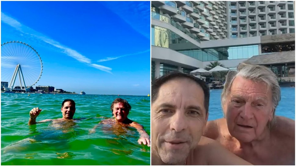 Imagini inedite cu Florin Piersic și Dan Negru, din piscină, în Dubai. Prezentatorul îl învață pe marele actor "să facă LIVE"