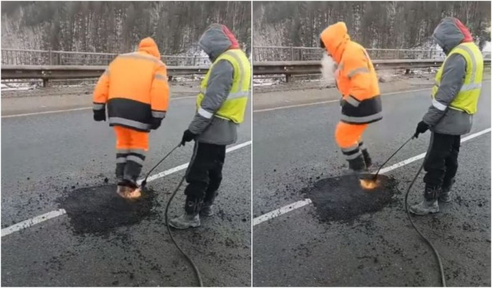 Imaginile cu doi muncitori care asfaltează un drum cu piciorul fac senzaţie pe internet