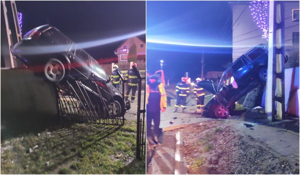 Un şofer băut a rămas cu maşina suspendată într-un gard de beton, la Mureş