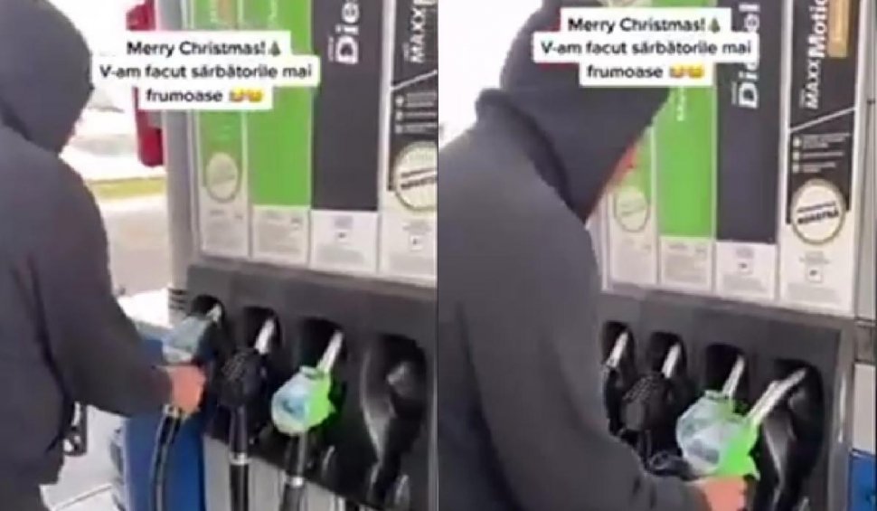 Glumă periculoasă în benzinărie. Un tânăr a fost filmat schimbând pistoalele de alimentare