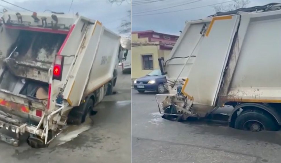 Mașină de gunoi înghițită de asfaltul surpat, în Brăila. Autoutilitara a fost scoasă cu o macara