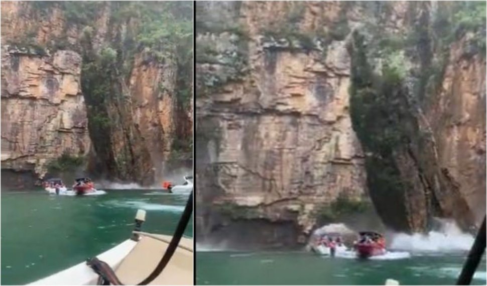 Momentul în care o bucată uriaşă de stâncă se prăbuşește peste şalupe cu turişti, în Brazilia