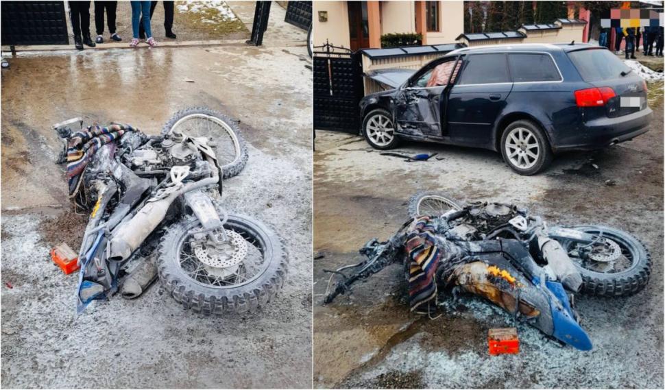 Un motociclist băut, fără permis şi cu o minoră pasageră s-a ciocnit puternic de o maşină, la Suceava
