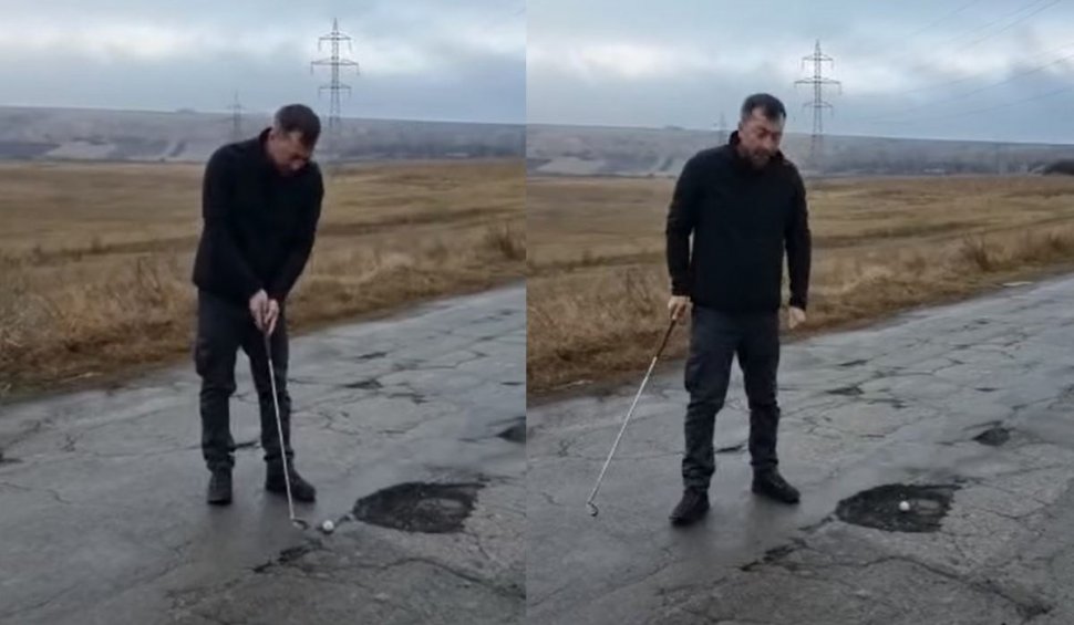 Partidă de golf pe drumul plin de gropi, în județul Vaslui: ”Cineva ne recomanda să jucăm”
