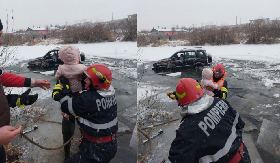 Mamă și fiica de trei ani, salvate din apa înghețată, după ce mașina în care se aflau a derapat în râul Mureș