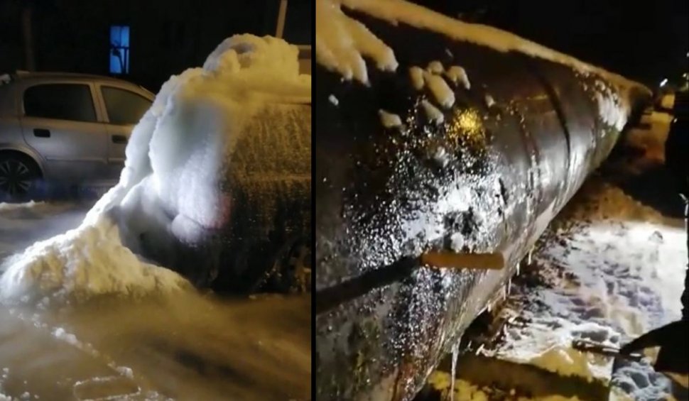O mașină s-a transformată într-un bloc de gheață din cauza unei conducte sparte. Surpriză neplăcută pentru un șofer din Sibiu