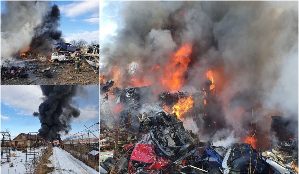 Incendiu violent la un parc de dezmembrări auto din Neamţ | Zeci de maşini au luat foc