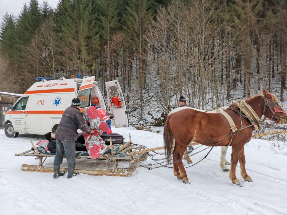 O bătrână cu piciorul rupt, dusă cu sania trasă de cai la Ambulanţa care nu putea urca de zăpadă, în Hunedoara 749449