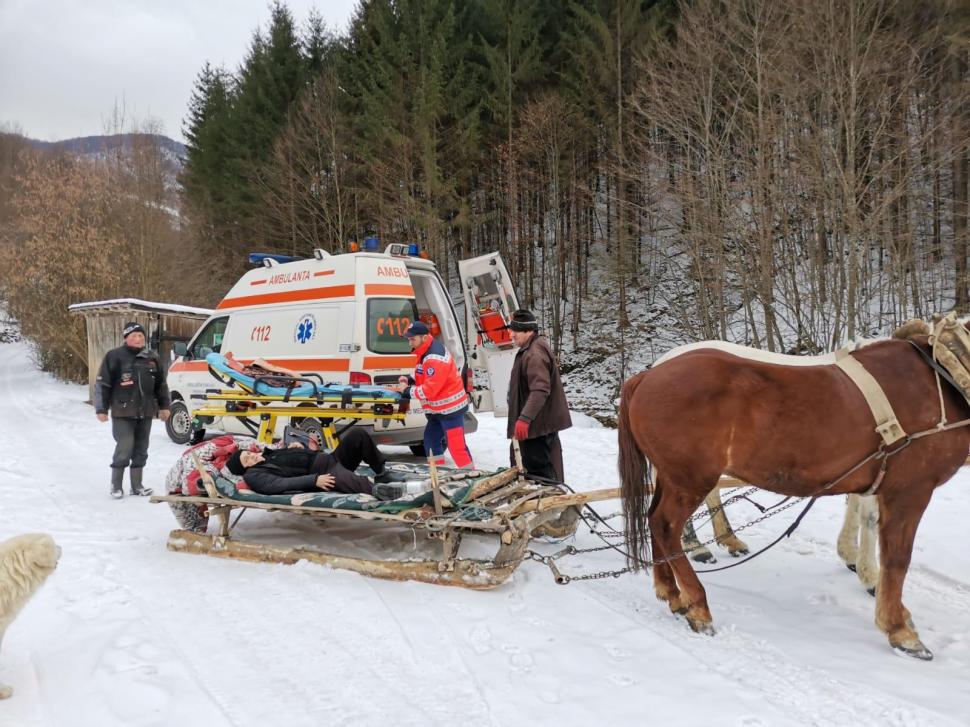 O bătrână cu piciorul rupt, dusă cu sania trasă de cai la Ambulanţa care nu putea urca de zăpadă, în Hunedoara 749451