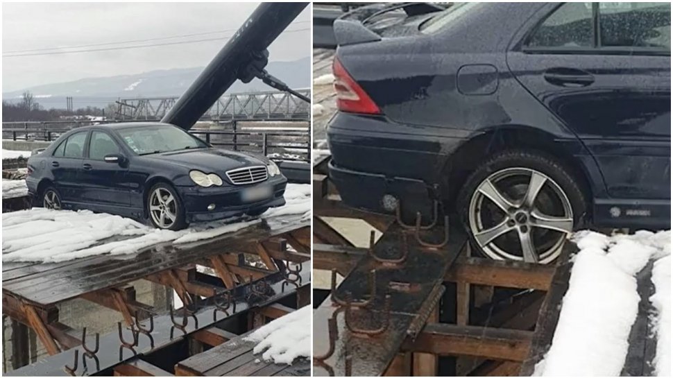 Un şofer a vrut să fugă de Poliţie, dar a rămas suspendat cu maşina pe un pod din Maramureş