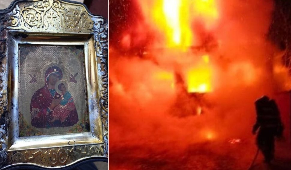 "O minune s-a întâmplat!" | Icoană cu Maica Domnului, intactă după ce o casă a luat foc în Bihor