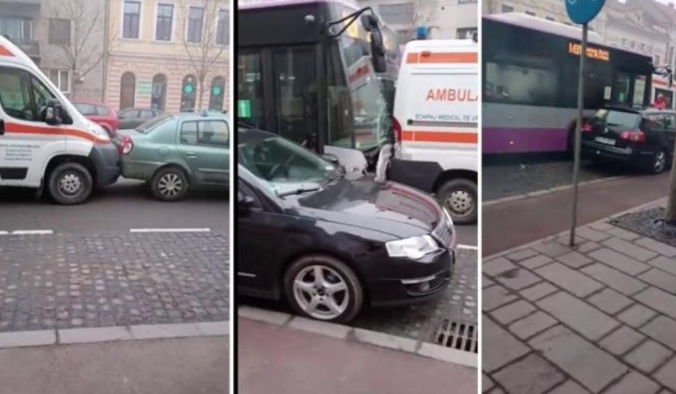 Carambol cu 6 mașini în Cluj. În accident au fost implicate o ambulanță și un autobuz