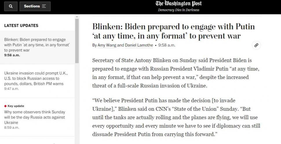 Antony Blinken: "Joe Biden e gata să se întâlnească cu Vladimir Putin 'în orice moment, în orice format' pentru evitarea războiului" 751861