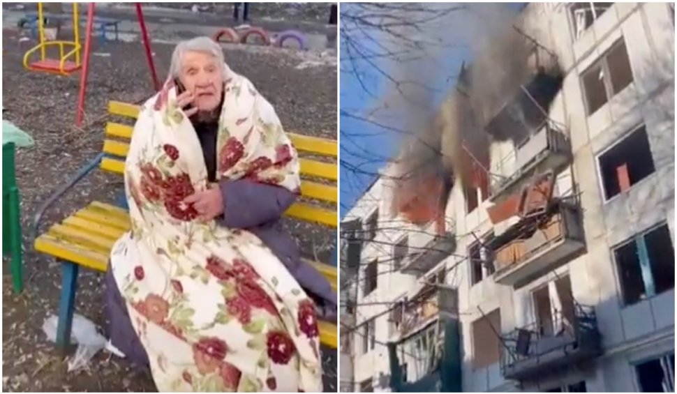 Așa arată războiul. Un bătrân rănit așteaptă pe banca din fața blocului lovit de bombardamente în Ucraina