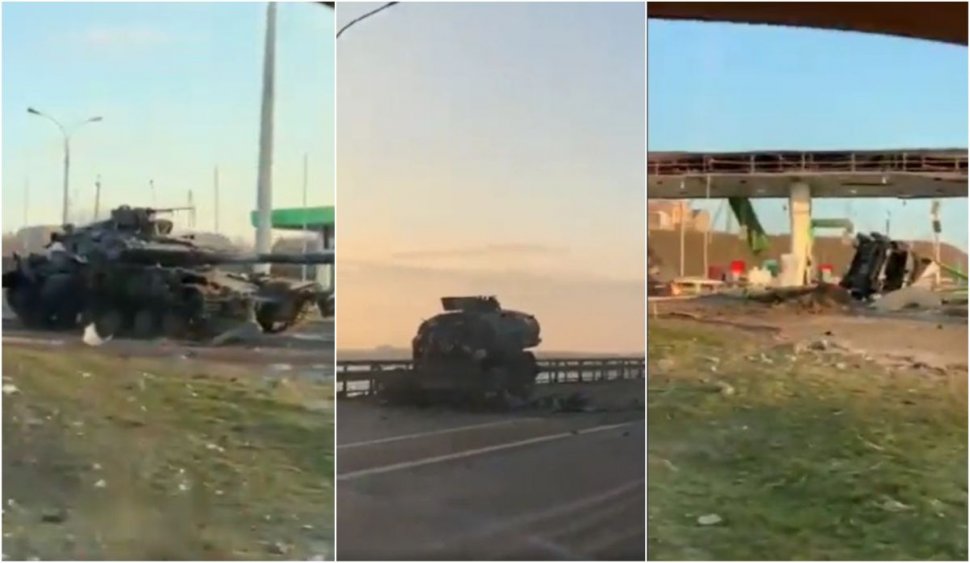 Tancuri ruseşti distruse de ucraineni, lângă o benzinărie