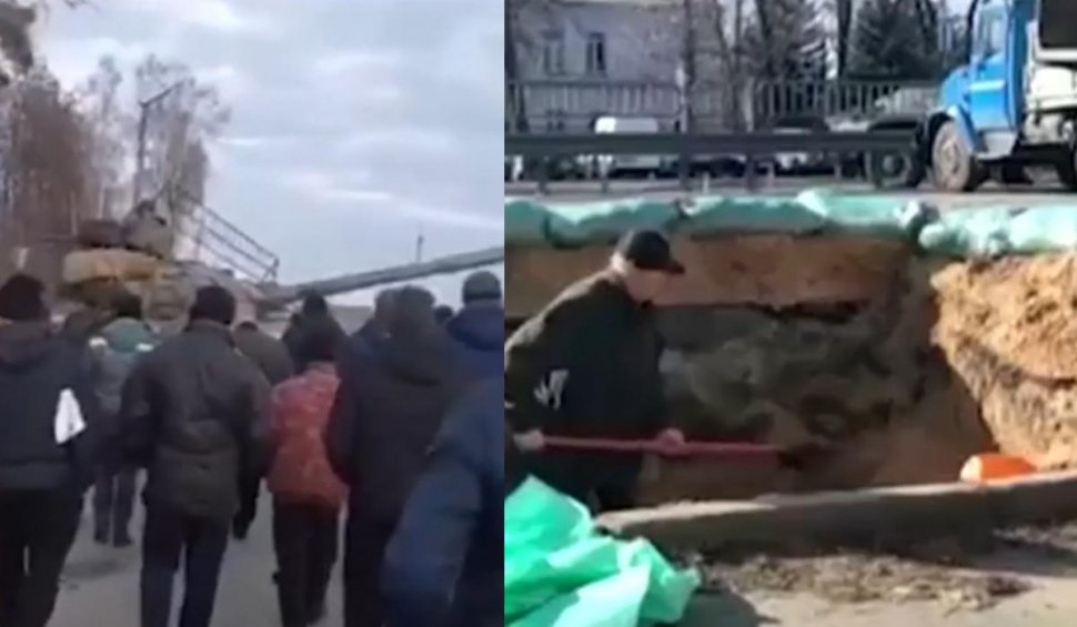 Cum își apără civilii ucraineni țara | Un bărbat a fost filmat în timp ce săpa tranșee în Kiev. Un grup de oameni neînarmați face scut în fața tancurilor inamice
