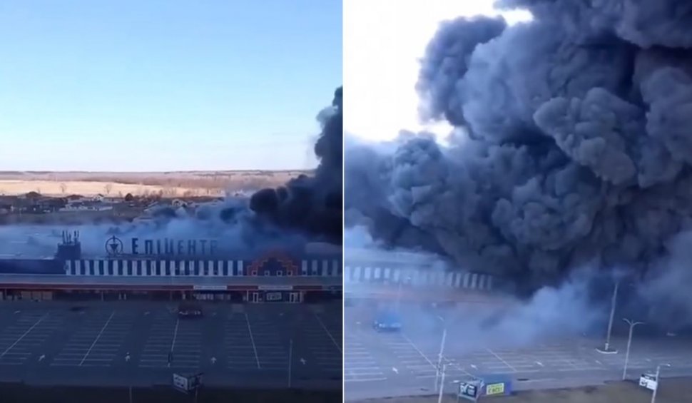 Cel mai mare hipermarket din oraşul ucrainean Chernihiv a fost incendiat, după ce a fost jefuit