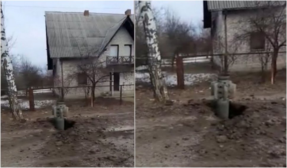 Rachetă neexplodată rămasă înfiptă în şosea, în oraşul Harkov