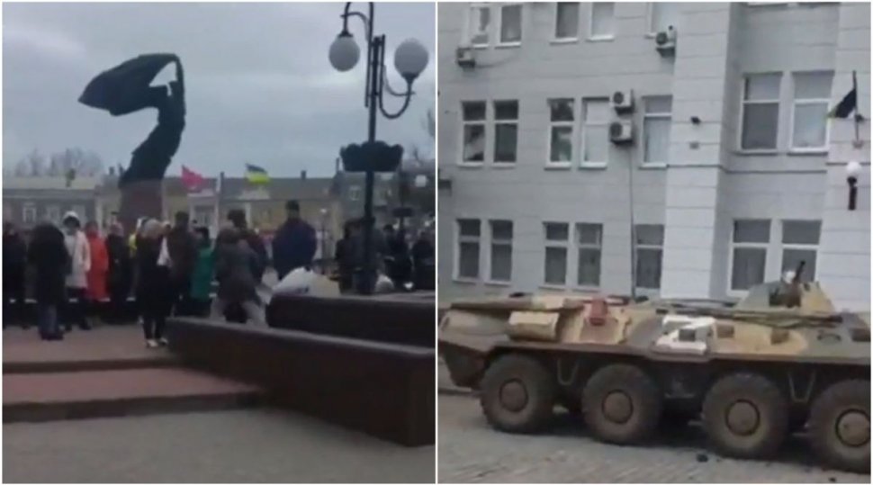 Ucrainenii cântă imnul țării printre tancurile rusești, în orașul ocupat de forțele militare conduse de Putin