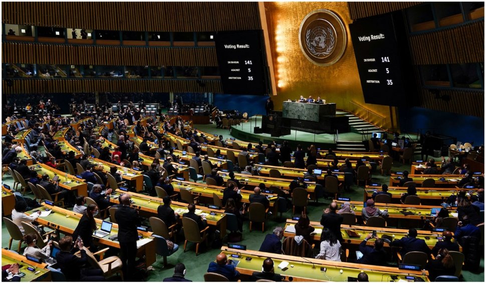 ONU a votat, cu o majoritate covârșitoare, rezoluția care condamnă invadarea Ucrainei. Rusia, susținută de cinci țări
