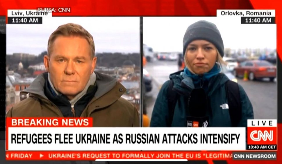 Sabrina Preda, prezentator Antena 3, transmisiune live la CNN împreună cu Michael Holmes, la cinci ani după ce a terminat cursul predat chiar de corespondentul de război