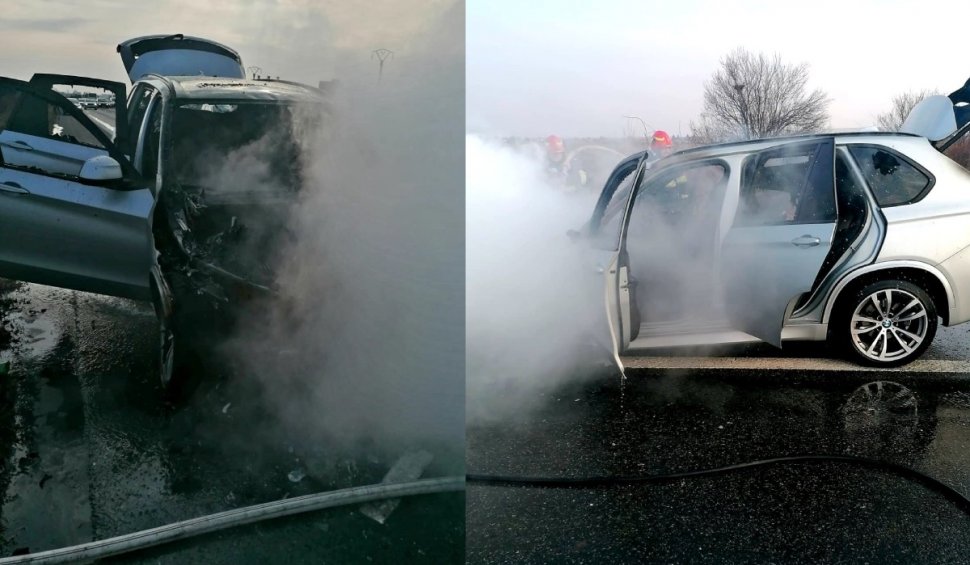 Trafic oprit pe Autostrada București-Pitești, după ce o mașină a luat foc