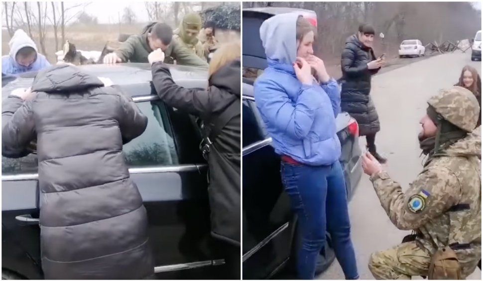 Cerere în căsătorie emoționantă pe străzile din Ucraina. Soldatul a oprit mașina pentru a-și percheziționa iubita, dar de fapt voia să îi dea inelul