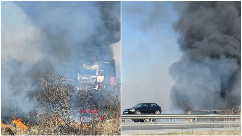 Flăcări uriaşe pe Autostrada Bucureşti-Piteşti. Un TIR s-a făcut scrum, iar focul s-a extins şi la vegetaţia din jur