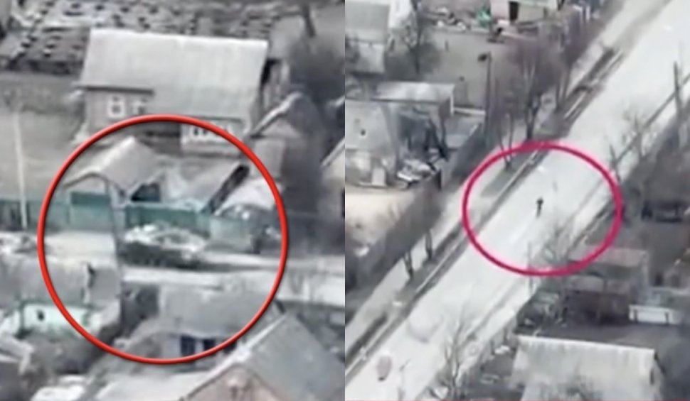 Bărbat pe bicicletă, ucis de un tanc rusesc, în Bucha. Imaginile au fost surprinse de o dronă