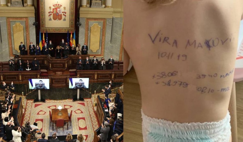 Zelenski a descris scene dramatice din Ucraina în Parlamentul Spaniei: ”Mamele scriu cu pixul pe spatele copiilor numele lor și numărul de telefon pentru a fi salvați, dacă ele mor”