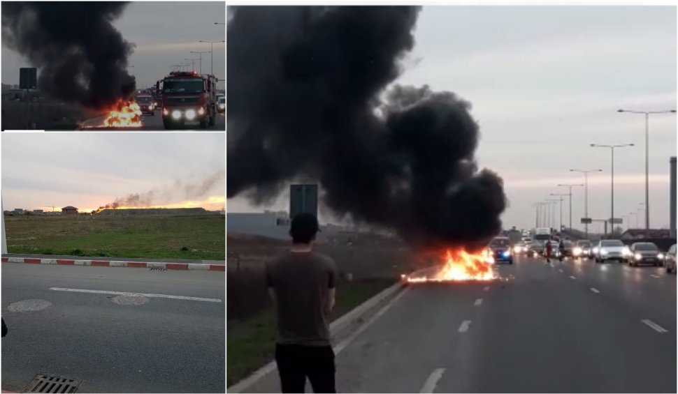 Incendiu pe autostrada A3. O maşină a luat foc din cauza unei erori înregistrate la bord
