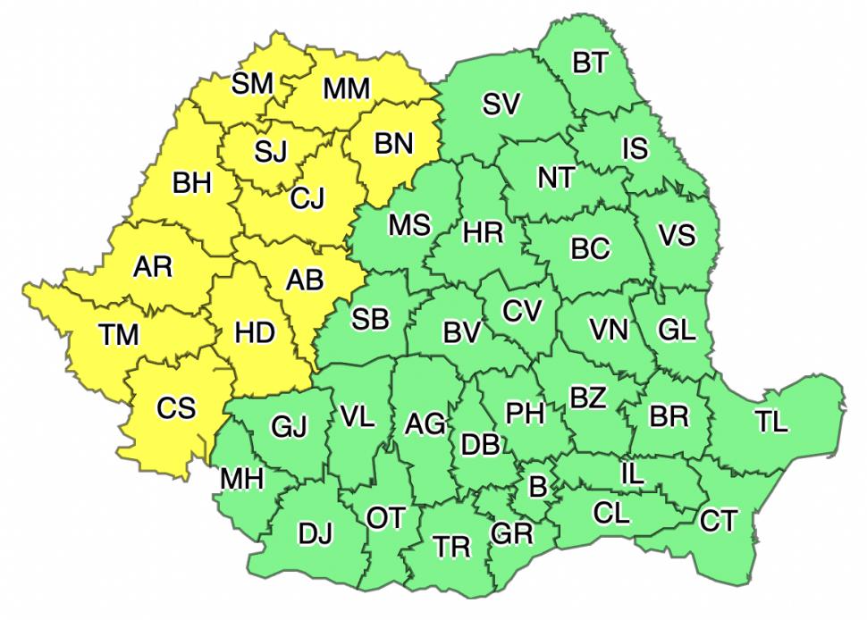 Cod portocaliu și galben de vijelii, ploi torențiale și grindină. Harta cu județele vizate 763779