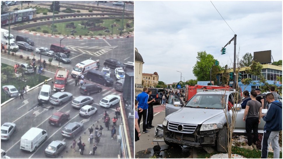 Accident grav în centrul Aradului! Unui bărbat i s-a făcut rău la volan şi a avariat şase maşini