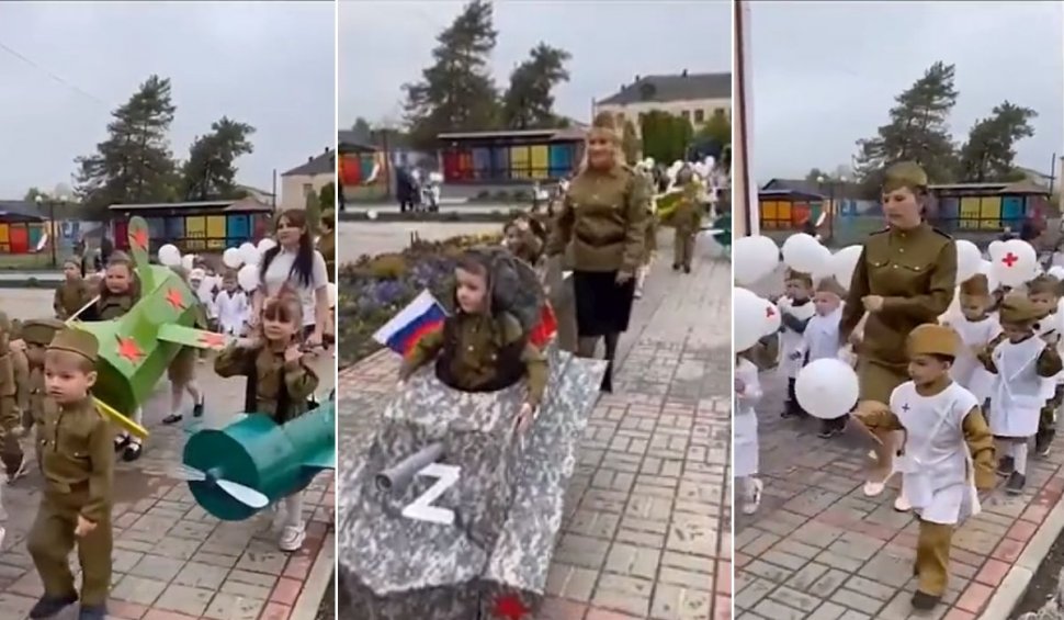 Regimul lui Putin defilează cu copii de grădiniță "îmbrăcați" în tancuri și avioane cu litera "Z"