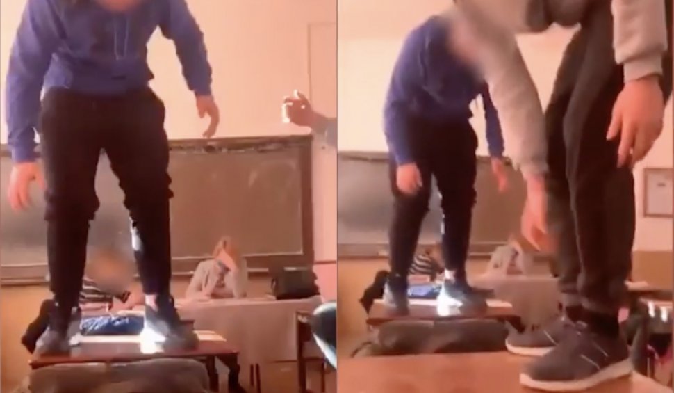 Doi elevi dansează pe bănci, cu profesoara la catedră, la o școală din Mureș. Imaginile au ajuns pe internet