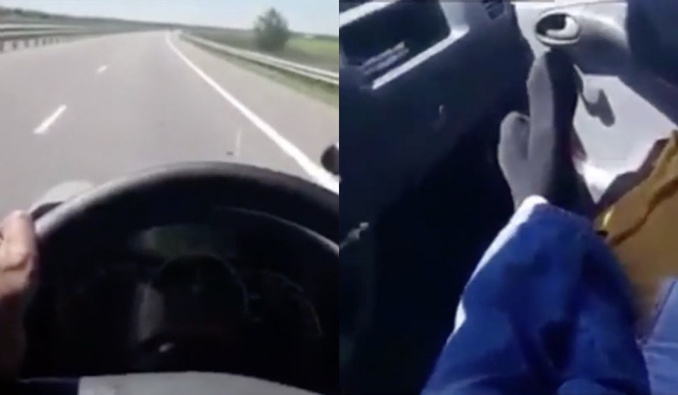 Imaginile inconștienței la volan: Un șofer român s-a filmat conducând pe autostradă cu picioarele pe scaunul din dreapta