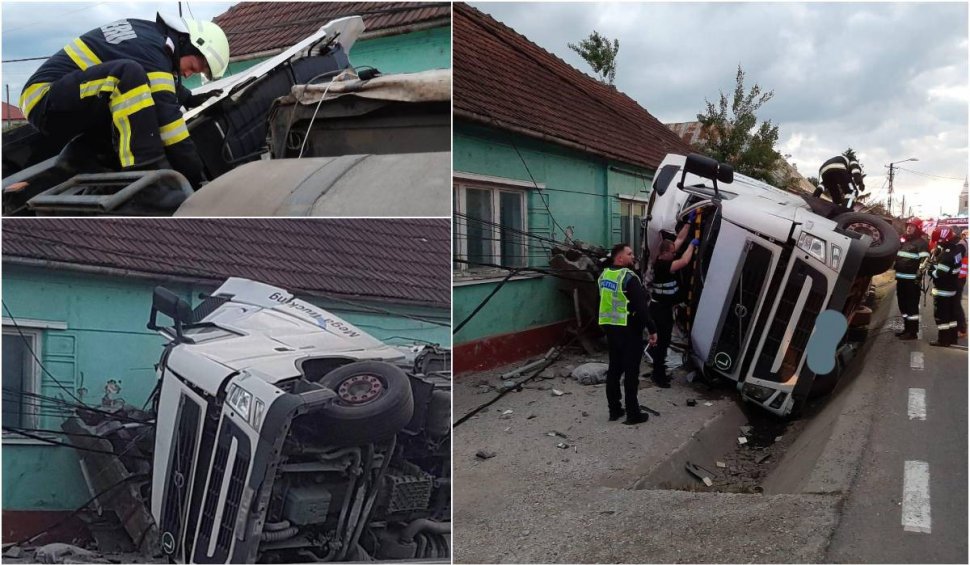 Distrugeri în lanț în județul Maramureș. Un șofer de TIR beat a ucis un bărbat aflat pe trotuar, a dărâmat stâlpi de electricitate și s-a oprit într-o casă