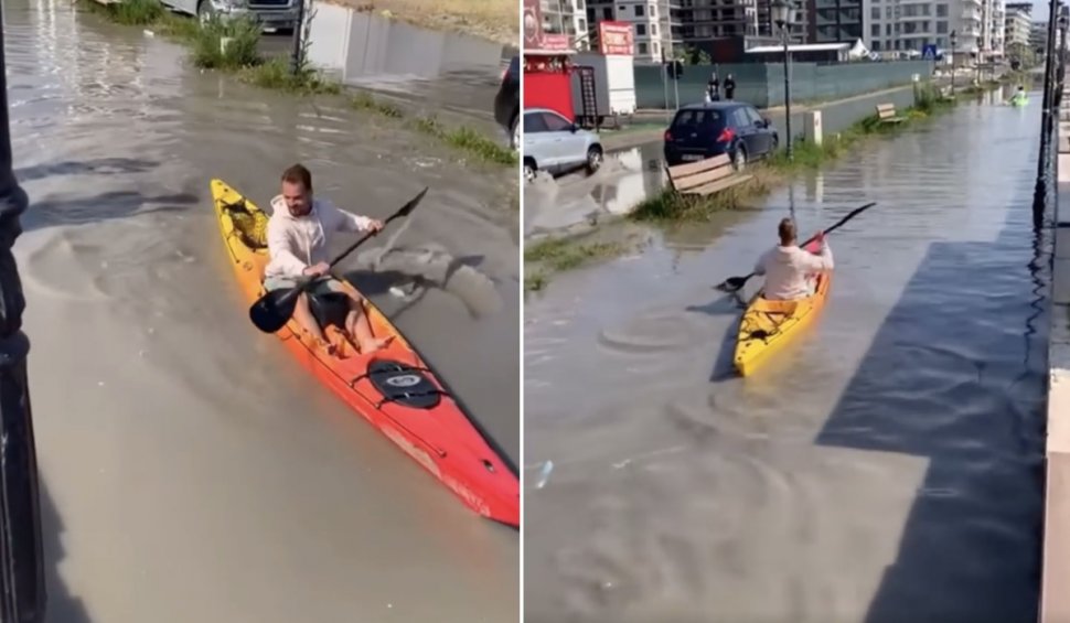A pornit cu caiacul pe faleza inundată din Mamaia Nord și a ajuns viral: "E greu cu ambreiajul. Mergem pe promenadă. Veneția!"